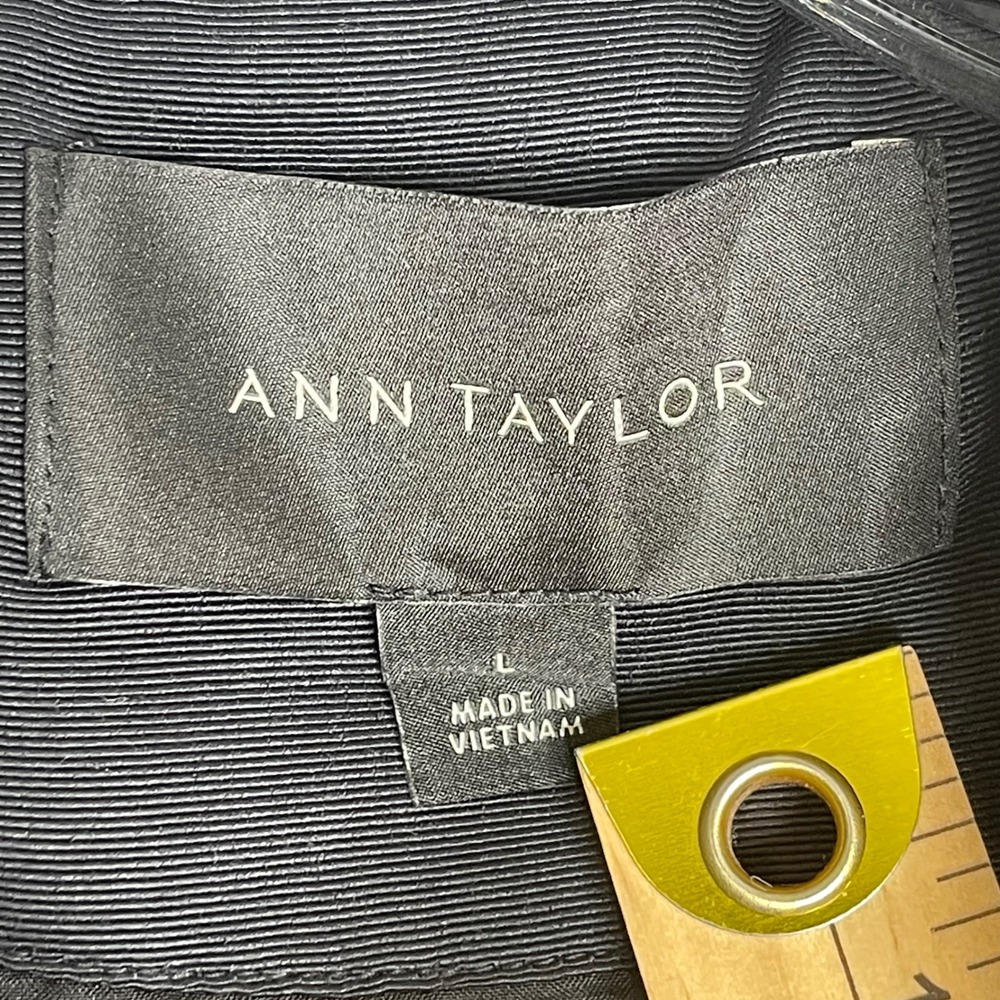 Ann Taylor Tweed Puffer Jacket Women L Black Navy Plaid High Neck Preppy Classic - Picture 4 of 8
